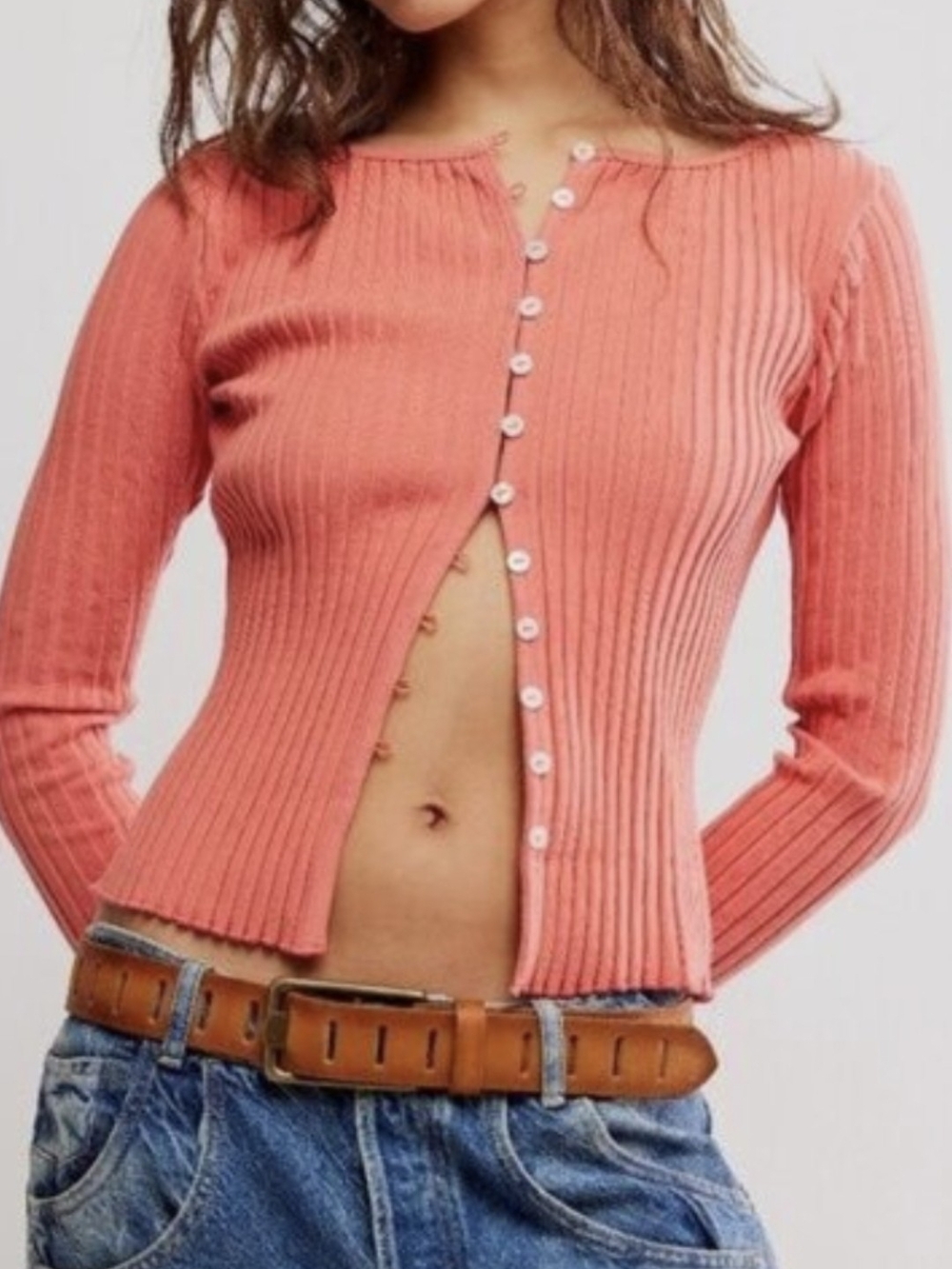 Free People Ribbed Henley Cardigan Top | Coral Pink Long Sleeve Button Front | S